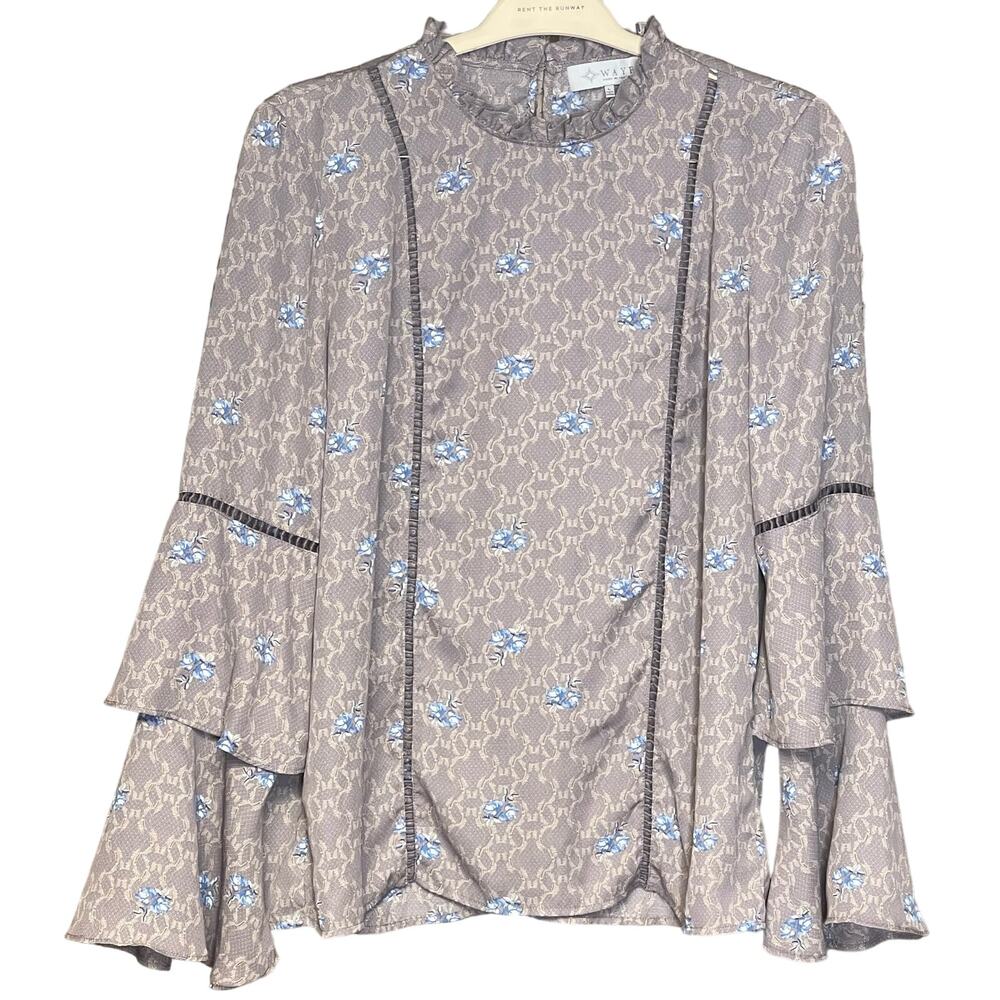 WAYF blouse pullover high neck prairie cottagecore gray blue ruffles size large